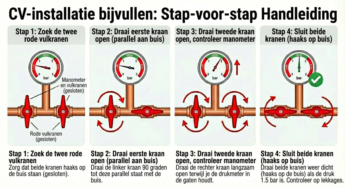 Schema met de stap-voor-stap handleiding om je cv ketel bij te vullen