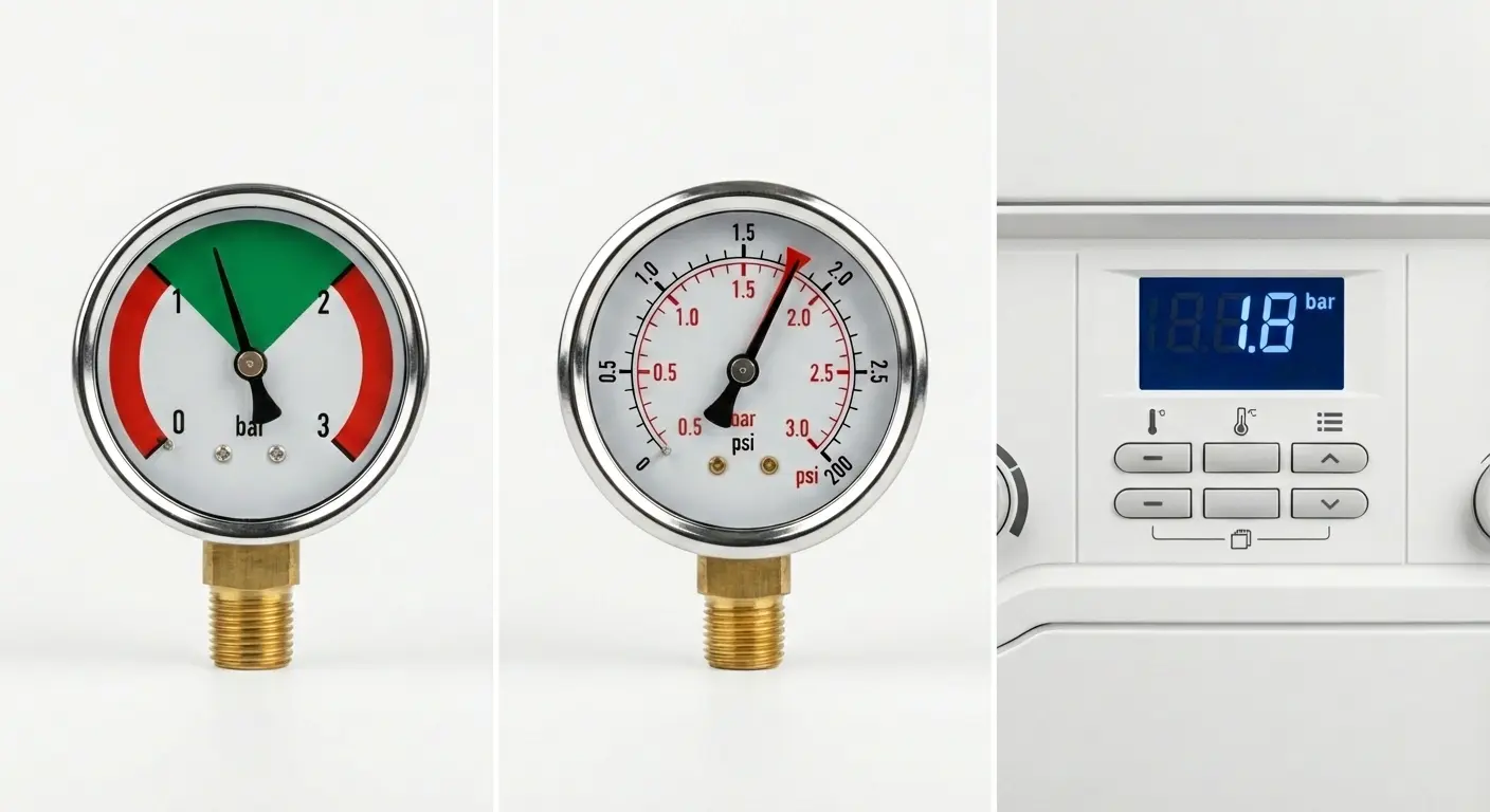 De 3 types manometers naast elkaar: met zones / met dubbele naald / digitaal display